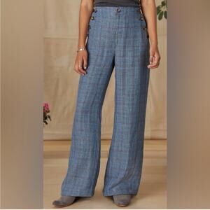 Sundance Pants Womens 6 Blue Plaid Eliot Trouser Linen Academia Buttons Preppy